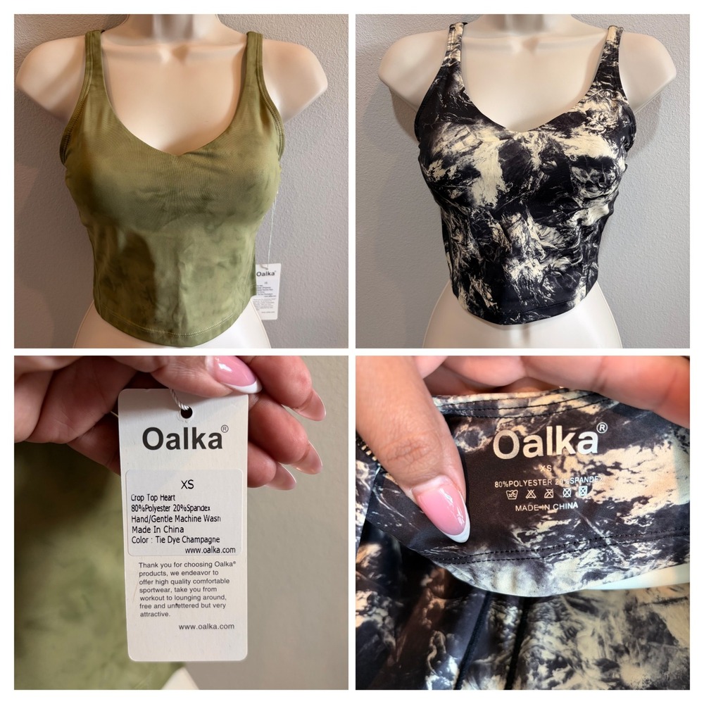 Oalka Tie Dye Marble V Neck‎ Crop Tank Bundle XS Green Black Yoga Activewear NEW